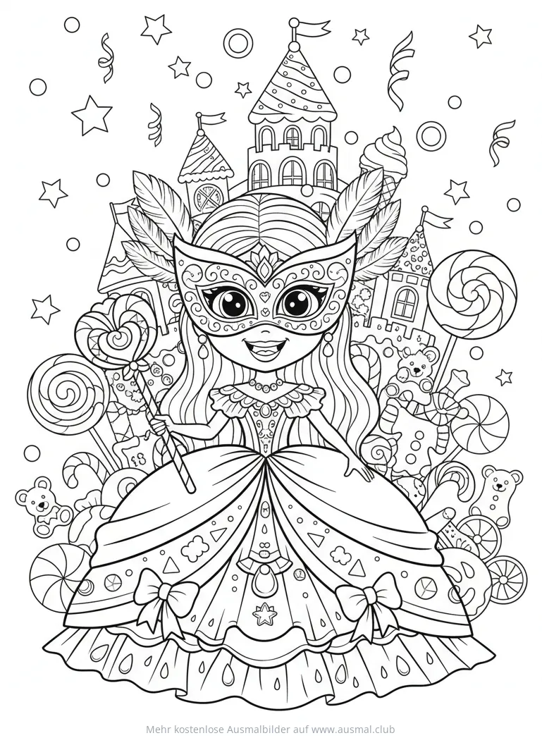 Karneval Prinzessin mit Maske und Schloss Ausmalbild