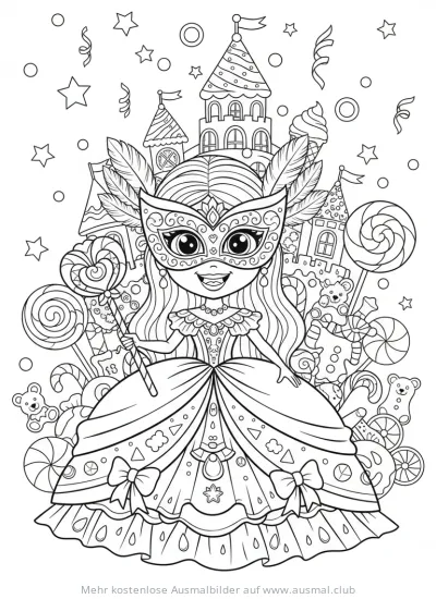 Karneval Prinzessin mit Maske und Schloss Ausmalbild