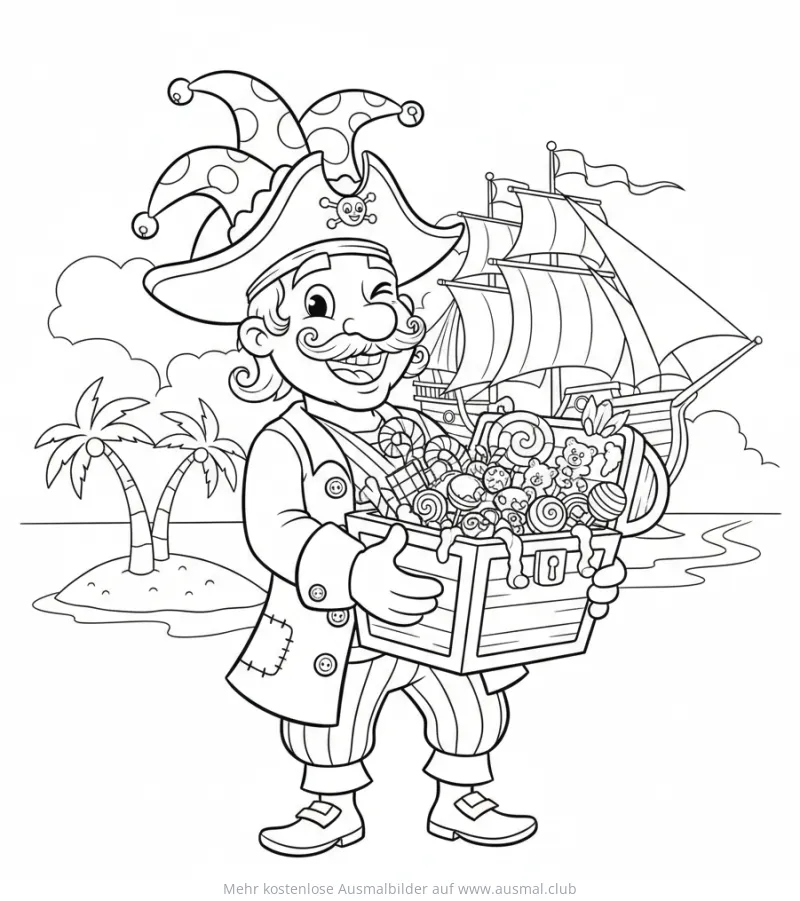 Pirat mit Schatztruhe voller Süßigkeiten und Segelschiff Ausmalbild