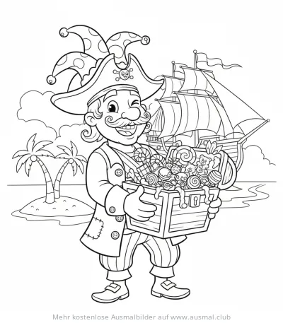Pirat mit Schatztruhe voller Süßigkeiten und Segelschiff Ausmalbild