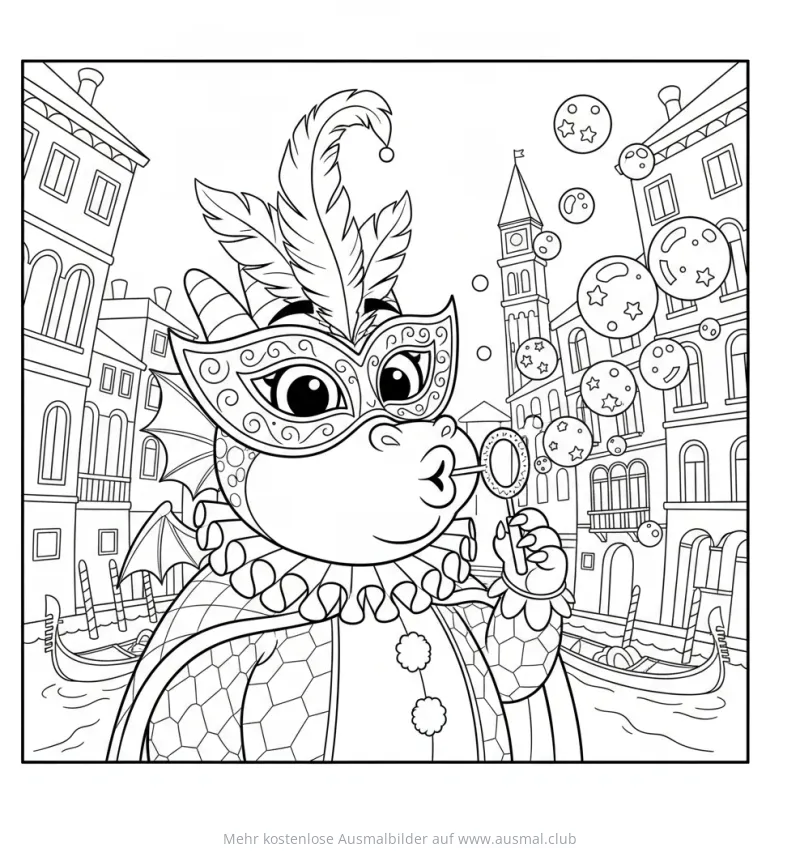 Drache mit Maske und Seifenblasen im Karneval in Venedig Ausmalbild