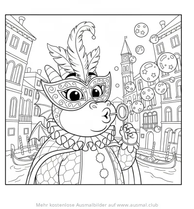 Drache mit Maske und Seifenblasen im Karneval in Venedig Ausmalbild