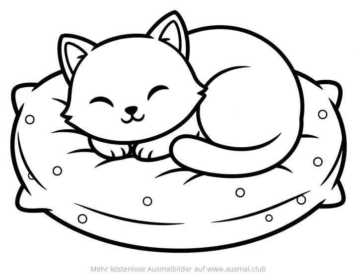 Schlafende Katze auf Kissen Ausmalbild