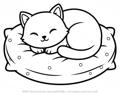 Schlafende Katze auf Kissen Ausmalbild