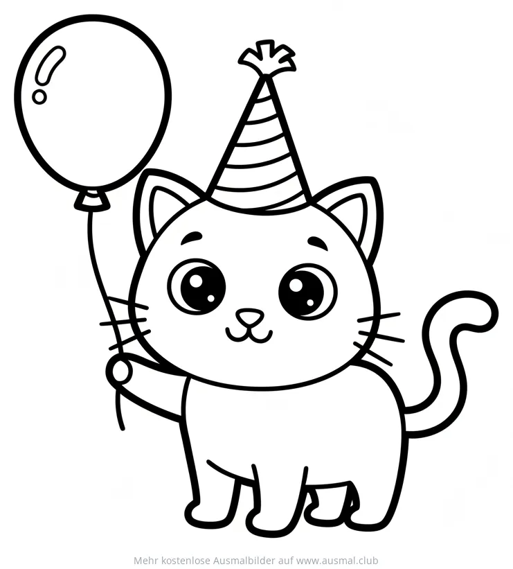 Katze mit Partyhut und Ballon Ausmalbild