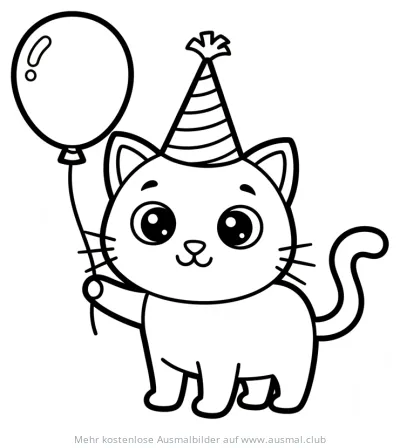 Katze mit Partyhut und Ballon Ausmalbild