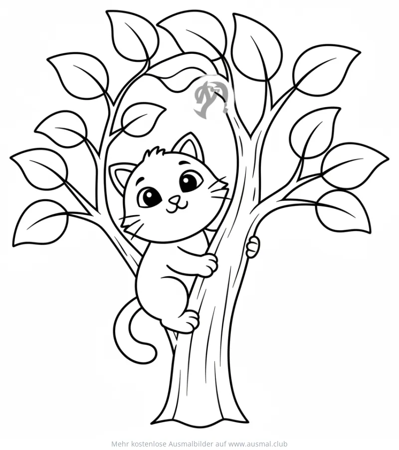Katze klettert auf Baum Ausmalbild
