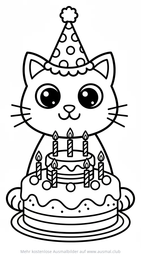 Katze mit Partyhut und Geburtstagstorte Ausmalbild