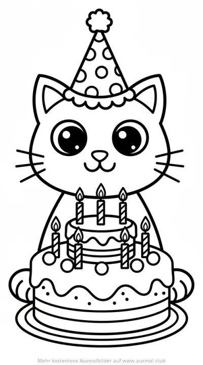 Katze mit Partyhut und Geburtstagstorte Ausmalbild