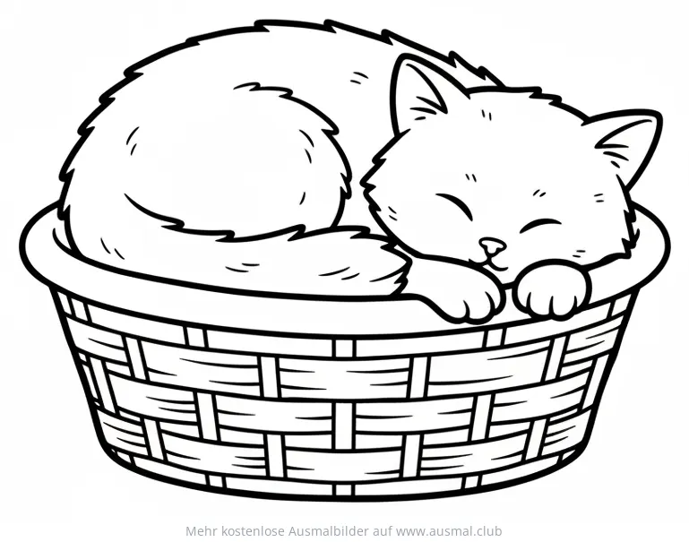 Schlafende Katze in einem Korb Ausmalbild