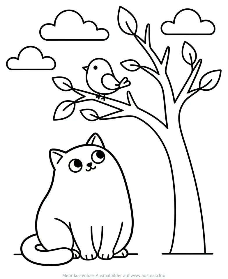 Katze und Vogel im Baum Ausmalbild