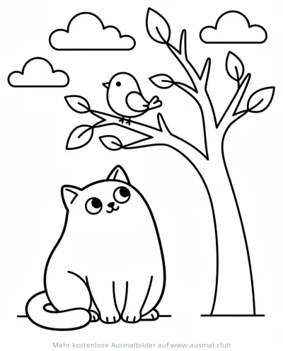 Katze und Vogel im Baum Ausmalbild