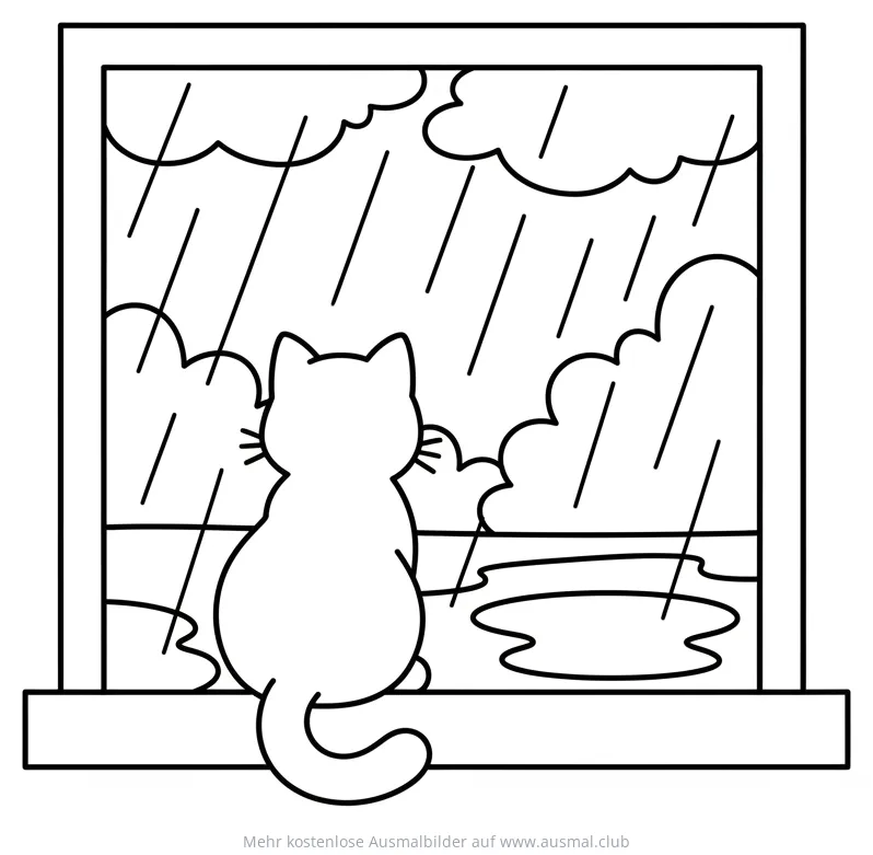 Katze sitzt am Fenster und schaut in den Regen Ausmalbild