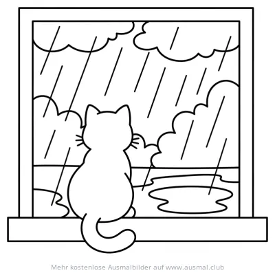 Katze sitzt am Fenster und schaut in den Regen Ausmalbild