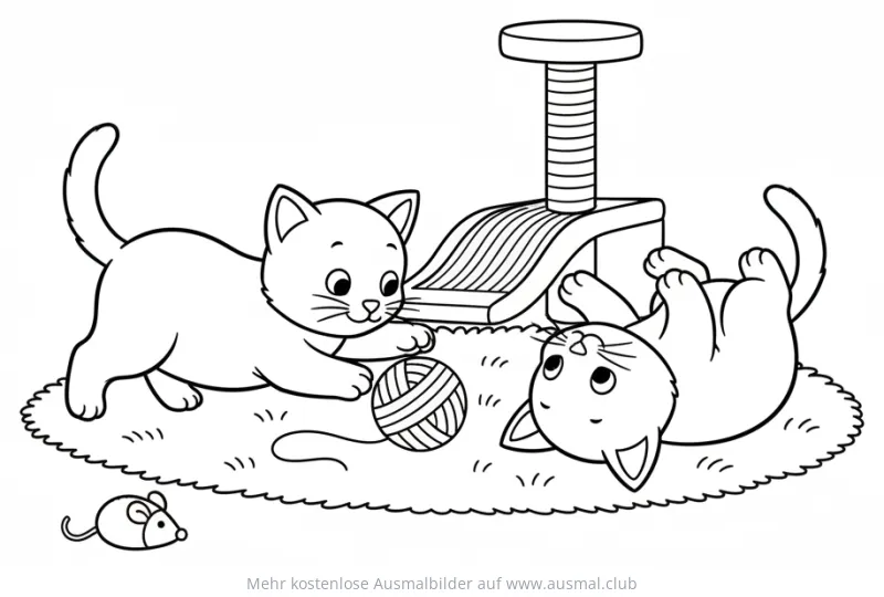 Zwei spielende Kätzchen mit Wollknäuel und Spielmaus Ausmalbild