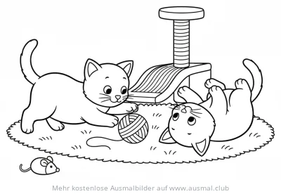 Zwei spielende Kätzchen mit Wollknäuel und Spielmaus Ausmalbild