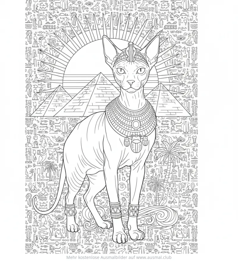 Sphinx Katze Ausmalbild vor Pyramiden und Hieroglyphen