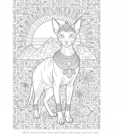 Sphinx Katze Ausmalbild vor Pyramiden und Hieroglyphen
