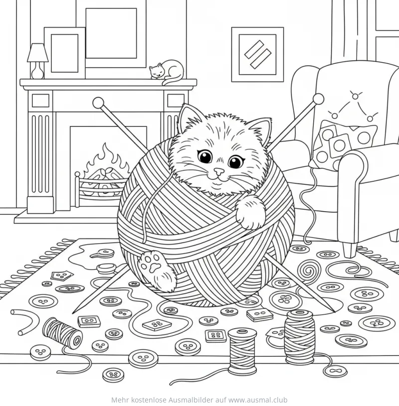 Katze sitzt in Wollknäuel Ausmalbild