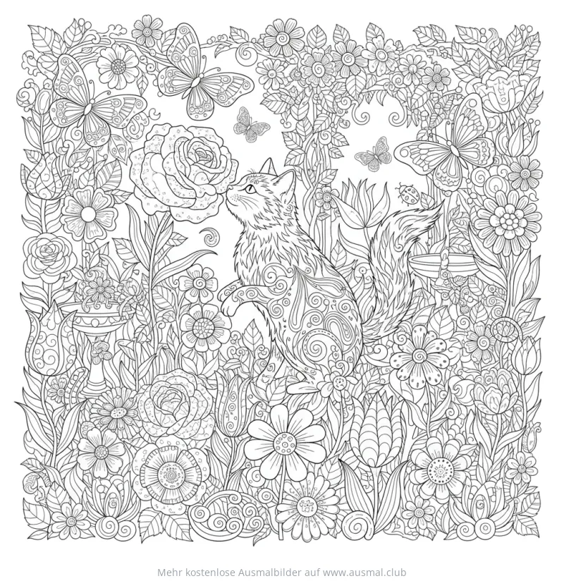 Katze riecht an Rose, umgeben von Blumen und Schmetterlingen Ausmalbild