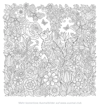 Katze riecht an Rose, umgeben von Blumen und Schmetterlingen Ausmalbild