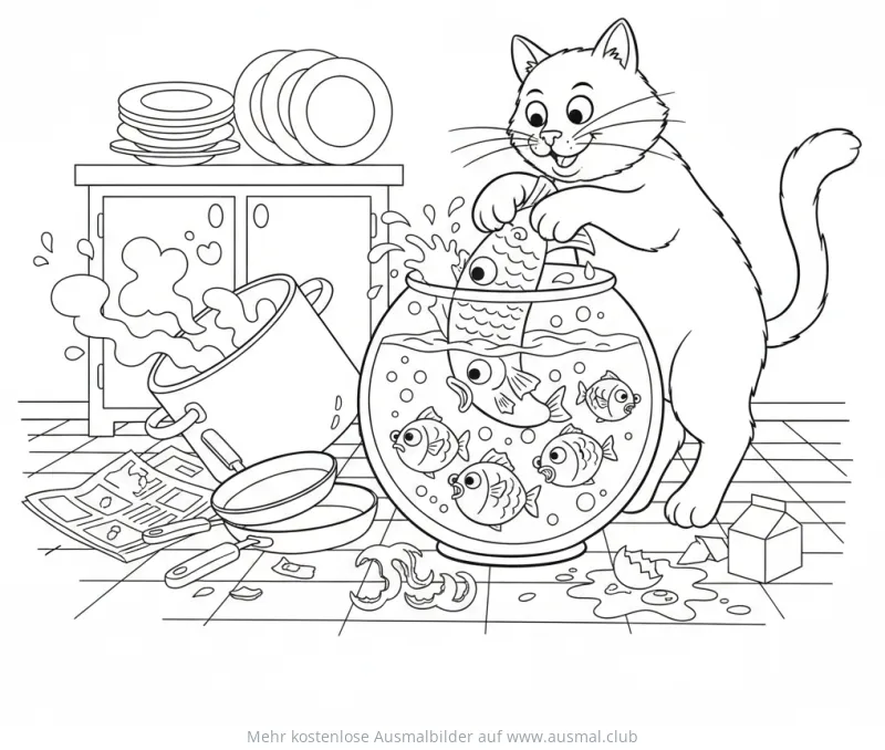 Katze angelt Fisch aus Aquarium Ausmalbild