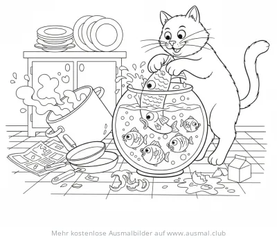 Katze angelt Fisch aus Aquarium Ausmalbild