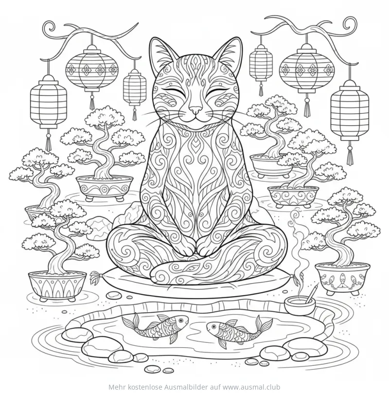 Meditierende Katze im Zen-Garten Ausmalbild