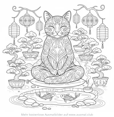 Meditierende Katze im Zen-Garten Ausmalbild