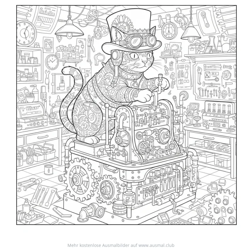 Katze im Steampunk-Look auf Maschine in Werkstatt Ausmalbild