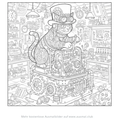 Katze im Steampunk-Look auf Maschine in Werkstatt Ausmalbild