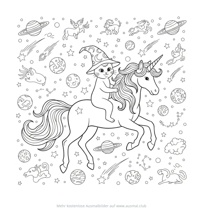 Katze mit Zauberhut reitet auf Einhorn Ausmalbild