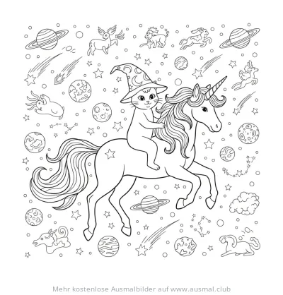 Katze mit Zauberhut reitet auf Einhorn Ausmalbild