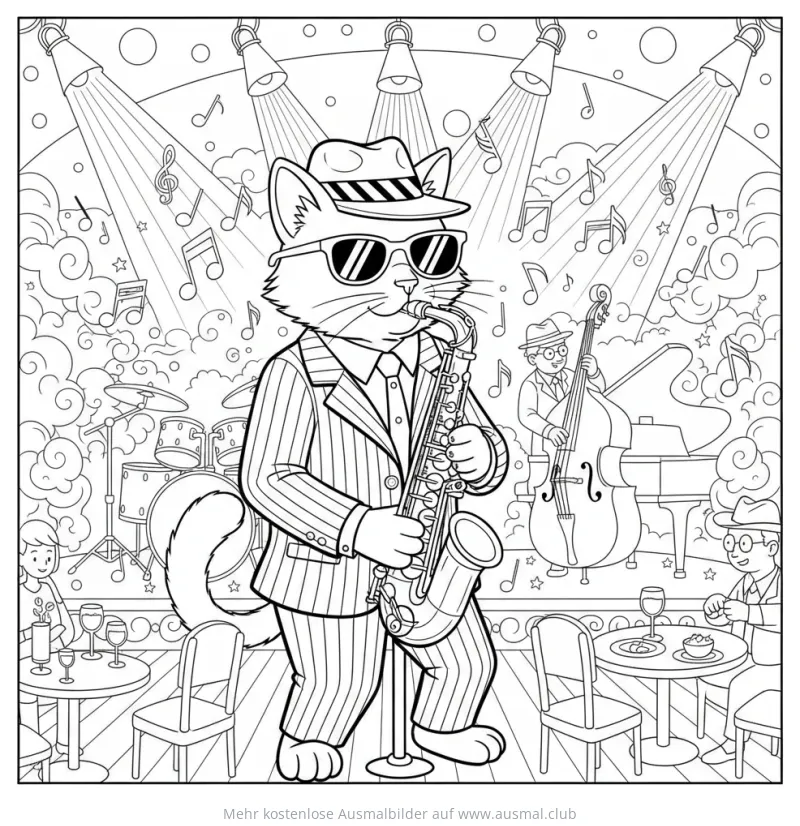 Katze im Anzug spielt Saxophon auf Jazzbühne Ausmalbild