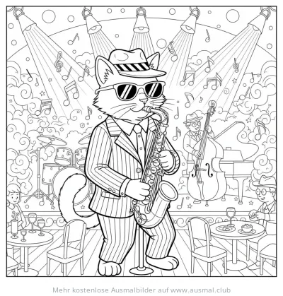 Katze im Anzug spielt Saxophon auf Jazzbühne Ausmalbild