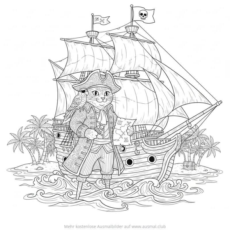 Katze als Pirat mit Schatzkarte und Schiff Ausmalbild
