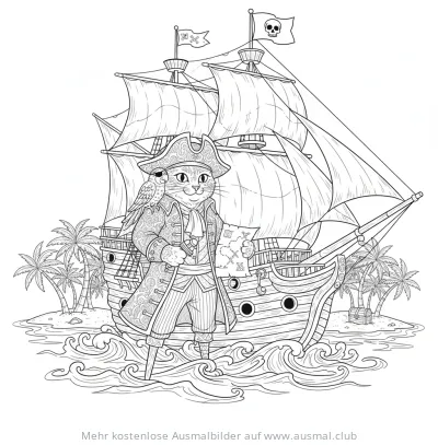 Katze als Pirat mit Schatzkarte und Schiff Ausmalbild