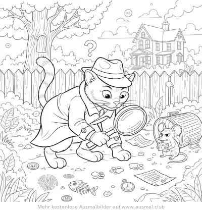 Katze als Detektiv mit Lupe untersucht Spuren Ausmalbild