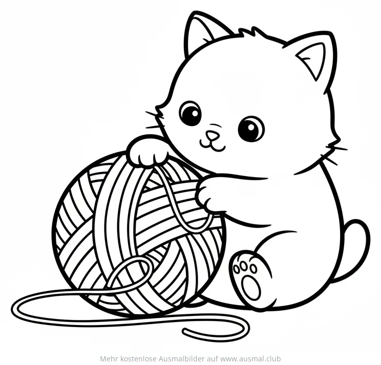 Kätzchen spielt mit Wollknäuel Ausmalbild