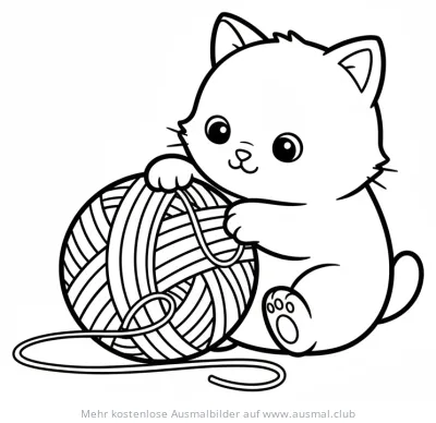 Kätzchen spielt mit Wollknäuel Ausmalbild