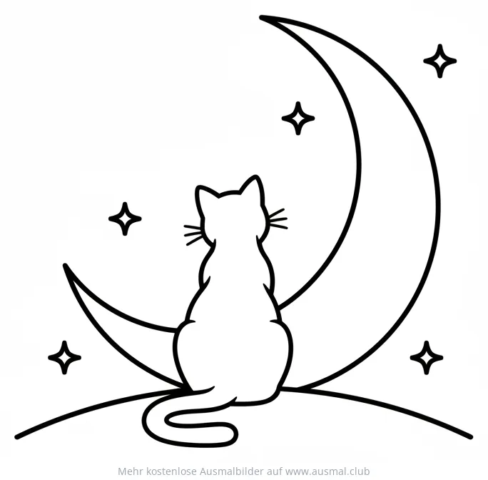 Katze sitzt auf Mond Sichel Ausmalbild