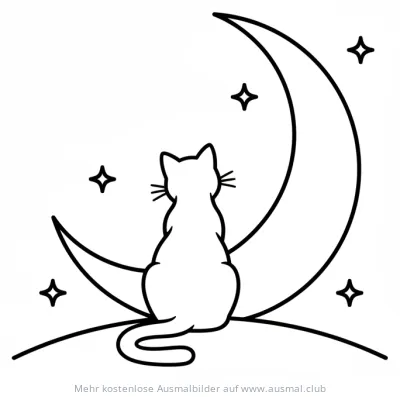 Katze sitzt auf Mond Sichel Ausmalbild