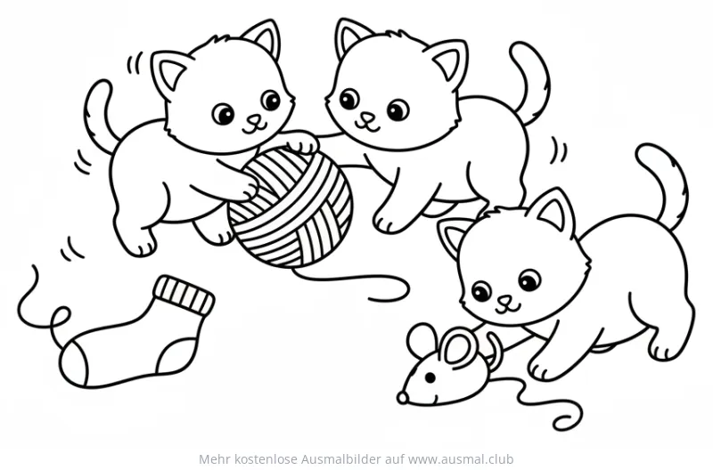 Drei Kätzchen spielen mit Wollknäuel und Spielzeugmaus Ausmalbild