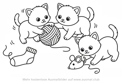 Drei Kätzchen spielen mit Wollknäuel und Spielzeugmaus Ausmalbild