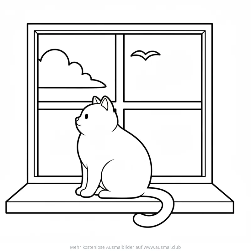 Katze sitzt auf Fensterbank Ausmalbild