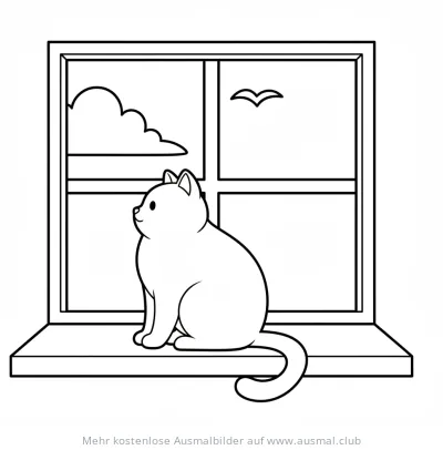 Katze sitzt auf Fensterbank Ausmalbild