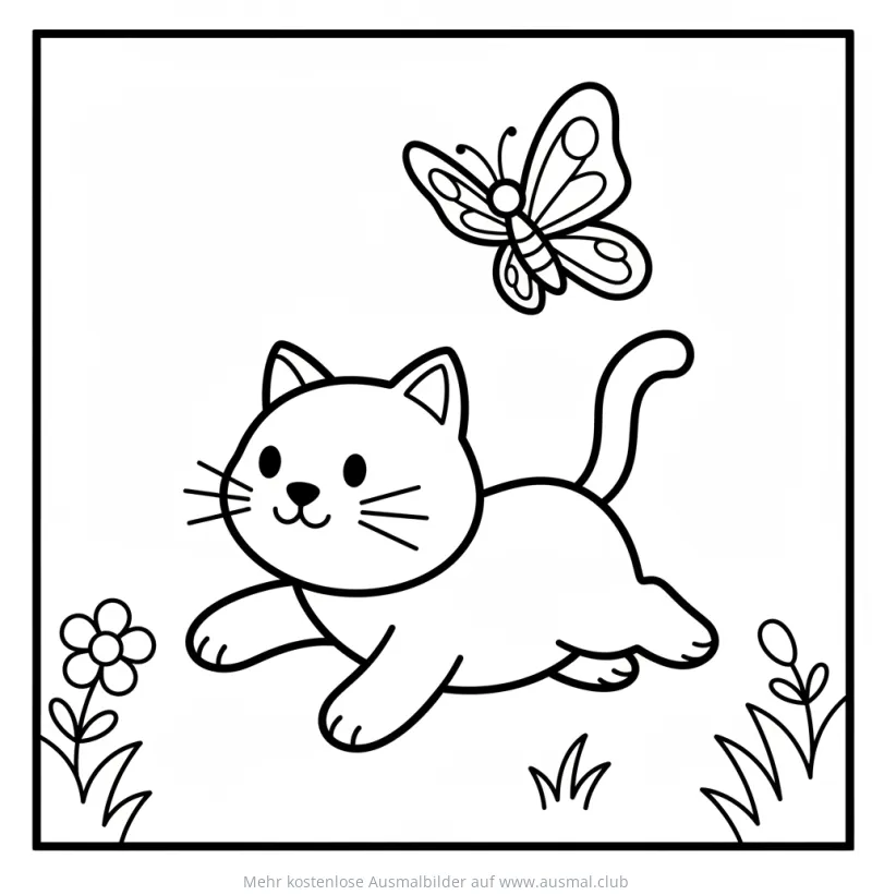 Verspielte Katze mit Schmetterling Ausmalbild