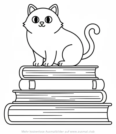 Katze sitzt auf Bücherstapel Ausmalbild