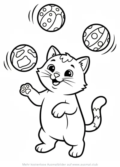Katze jongliert mit Bällen Ausmalbild
