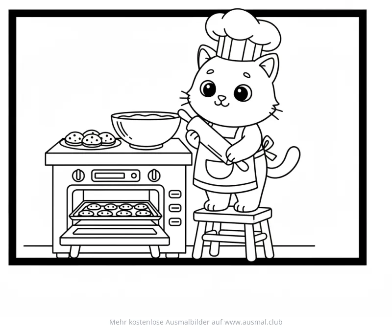 Katze mit Kochmütze backt Kekse Ausmalbild